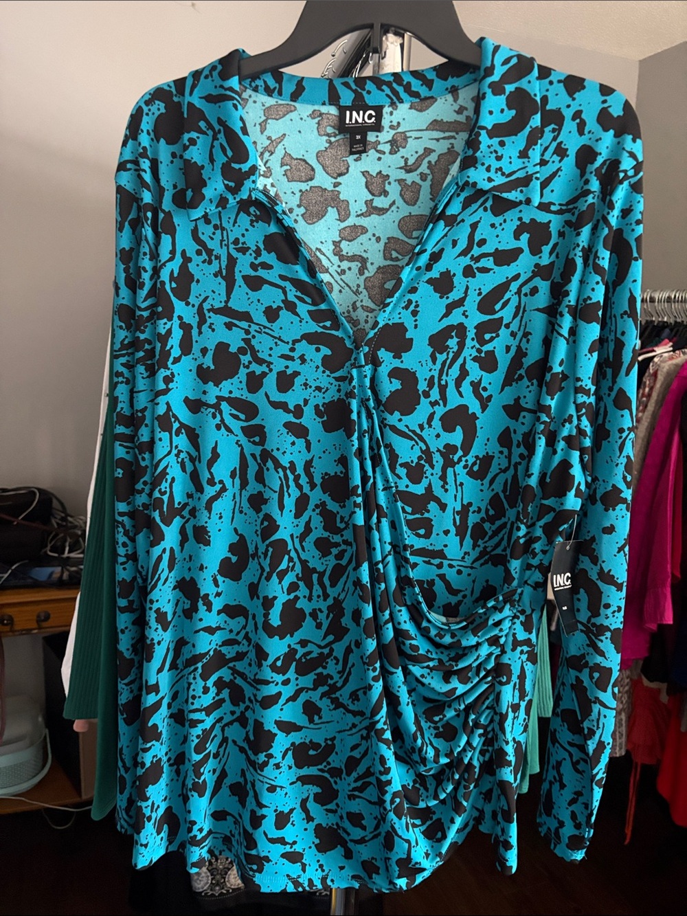 INC International Concepts Turquoise and Black Patterned Shirt (3X)
